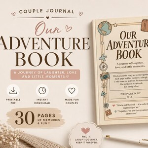May include: A beige "Our Adventure Book" journal with the text "Our Adventure Book" and "A journey of laughter, love, and little moments." Includes pages for memories and fun, and is made for couples.