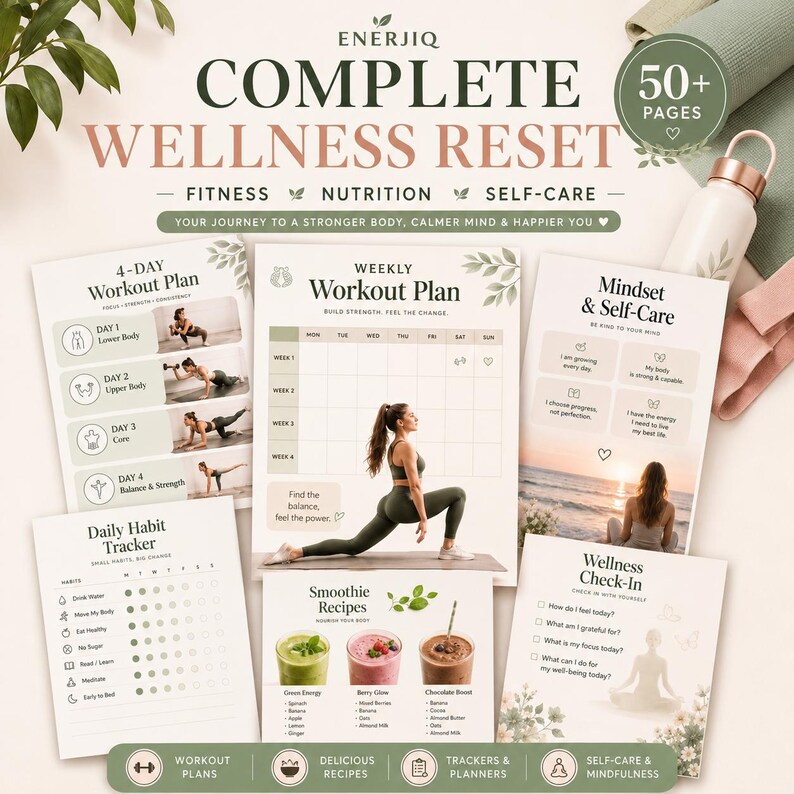 May include: A collection of wellness planner pages titled Complete Wellness Reset, featuring a 4-day workout plan, a weekly workout plan, a daily habit tracker, smoothie recipes, a mindset and self-care guide, and a wellness check-in sheet.