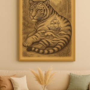 Tiger & Ship – Stampa artistica da parete surreale in seppia, illustrazione di animali fantasy della foresta e dell'oceano