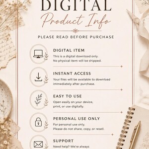 May include: A digital product information sheet with a beige background, floral borders, and brown text. It lists instructions including Digital Item, Instant Access, Easy to Use, Personal Use Only, and Support, ending with the T&E Works logo.