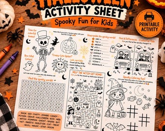 May include: A white Halloween activity sheet featuring black line art illustrations of a skeleton, a pumpkin, a spider, a witch, and a ghost. The page includes word games, a maze, a find-the-differences puzzle, and tic-tac-toe grids.