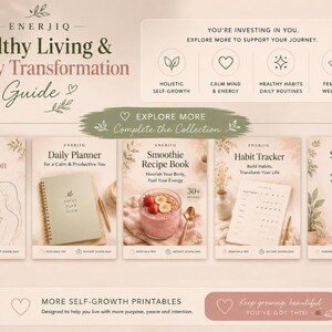 May include: A digital collection of printable wellness guides and planners titled Enerjiq Healthy Living & Energy Transformation Guide. Includes Wellness Affirmation Cards, Daily Planner, Smoothie Recipe Book, Habit Tracker, and Self-Care Journal.