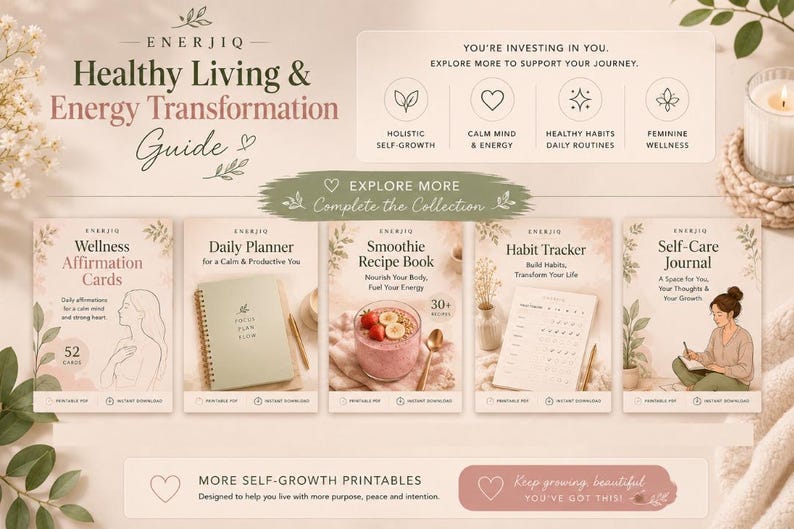May include: A digital collection of printable wellness guides and planners titled Enerjiq Healthy Living & Energy Transformation Guide. Includes Wellness Affirmation Cards, Daily Planner, Smoothie Recipe Book, Habit Tracker, and Self-Care Journal.