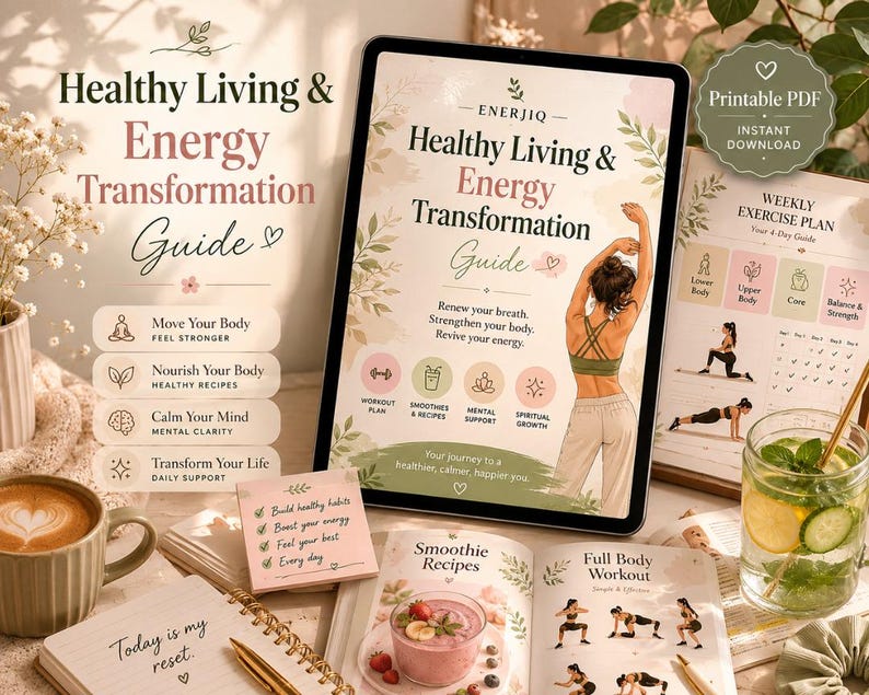 May include: A digital tablet displaying a Healthy Living & Energy Transformation Guide with a person stretching, alongside a printed weekly exercise plan, a smoothie recipe book, a sticky note with healthy habits, and a cup of coffee.