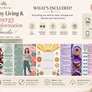 May include: A digital Healthy Living & Energy Transformation Guide featuring 50+ pages of workout guides, smoothie recipes, and wellness trackers. Includes US Letter 8.5 x 11 inch and A4 210 x 297 mm formats compatible with tablets, laptops, and phones.