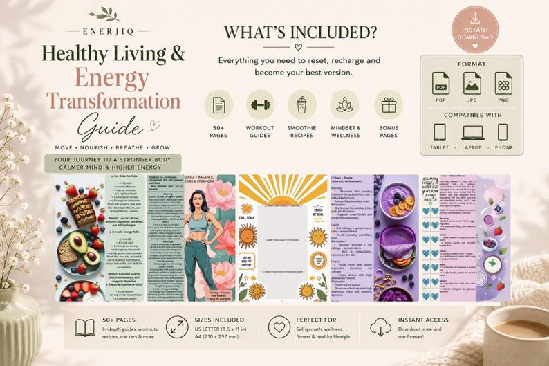 May include: A digital Healthy Living & Energy Transformation Guide featuring 50+ pages of workout guides, smoothie recipes, and wellness trackers. Includes US Letter 8.5 x 11 inch and A4 210 x 297 mm formats compatible with tablets, laptops, and phones.