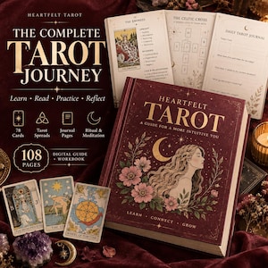 May include: A maroon hardcover book titled Heartfelt Tarot with a gold crescent moon and floral illustration, accompanied by an open instructional guide, a tarot journal, and three tarot cards featuring The High Priestess, The Star, and Wheel of Fortune.