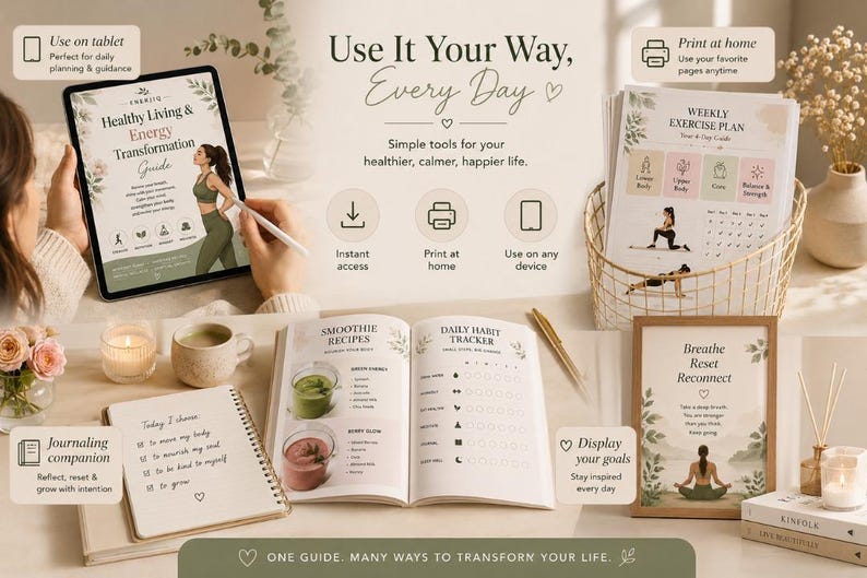 May include: A digital tablet displaying a Healthy Living & Energy Transformation Guide, a printed Weekly Exercise Plan in a wire basket, an open planner with smoothie recipes and a habit tracker, and a framed Breathe Reset Reconnect print.