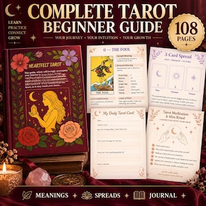 May include: A Complete Tarot Beginner Guide book with 108 pages, featuring a maroon cover with floral illustrations and a woman holding a crystal. Includes instructional cards for The Fool, a 3-card spread, a daily tarot log, and a meditation ritual guide.