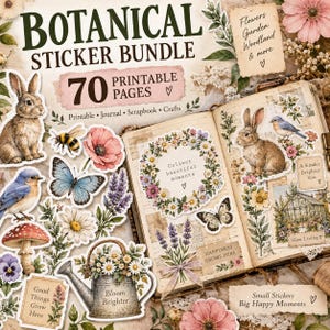May include: A botanical sticker bundle featuring 70 printable pages with illustrations of rabbits, bluebirds, butterflies, mushrooms, and flowers. An open journal displays these stickers alongside text including Collect beautiful moments and Bloom Brighter.