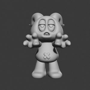 May include: A grayscale 3D-rendered figurine of a cartoonish creature with a rounded body, small horns, and outstretched arms. The creature has a cross symbol on its lower body and a sleepy expression.