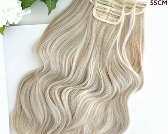 Cold Blonde Wavy Clip In Hair Extensions 22 Inch | Thick Natural Look Synthetic Hair | Full Head Set - Icy Platinum Blonde Ash Highlights