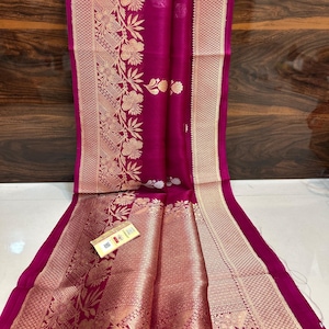 Pink Kora Silk Banarasi Saree: Handwoven Gold & Silver Zari