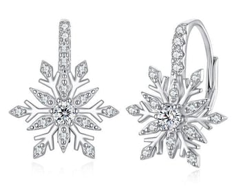 Pendants d'oreilles flocon de neige en argent sterling 925 | Boucles d'oreilles élégantes pour l'hiver | Pendantes minimalistes | Cadeau de Noël pour elle.