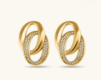 14K Gold Oval Drop Earrings, Interlocking Pavé Diamond Dangle Earrings, Modern Geometric Statement Jewelry Gift for Her.