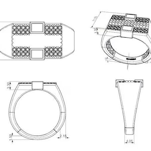 Peut inclure: Dessin technique d'une bague. La bague pr&eacute;sente un dessus rectangulaire avec un motif et deux accents carr&eacute;s. Les dimensions sont indiqu&eacute;es en millim&egrave;tres : 11,55, 3,30, 1,50, 2,15 et 4,05.