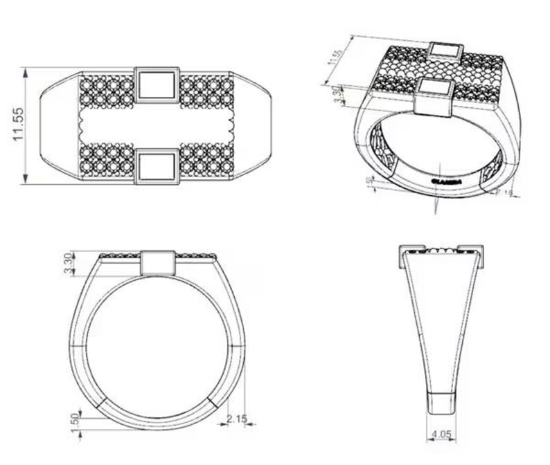 Peut inclure: Dessin technique d'une bague. La bague pr&eacute;sente un dessus rectangulaire avec un motif et deux accents carr&eacute;s. Les dimensions sont indiqu&eacute;es en millim&egrave;tres : 11,55, 3,30, 1,50, 2,15 et 4,05.