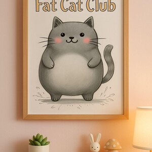 Fat Cat Club Poster – Cute Chubby Gray Cat Wall Art, Funny Cat Digital Print, Kawaii Animal Illustration, Printable Decor for Cat Lovers