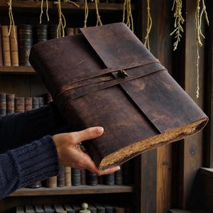 Large Handmade Leather Journal - Personalized Vintage Bound Notebook - Grimoire, Writing Notebook, Deckle Edge Paper.