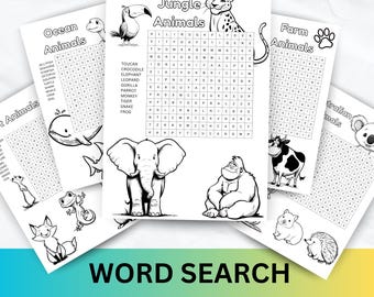 Tier Wortsuchpaket von 5 für Kinder, Druckbare Geographie Aktivität, Montessori Spielen Lernen, Spaß, Malseiten