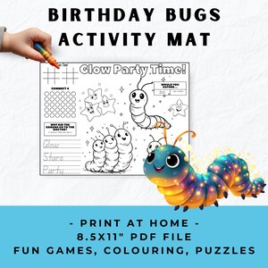 以下が含まれることがあります： 「Birthday Bugs」というタイトルの、楽しいゲーム、塗り絵、パズルが楽しめる印刷可能なアクティビティマット。マットには、漫画の虫と星の白黒イラストが描かれており、「Glow Party Time！」というテキストがあります。マットのサイズは21.6 x 27.9 cmです。