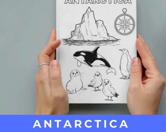 Planilha sobre a Antártida para crianças, atividade de geografia para imprimir, aprendizagem Montessori, diversão, páginas para colorir