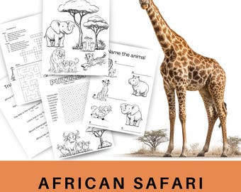 Afrika Safari Arbeitsblatt für Kinder, Geographie Aktivität zum Ausdrucken, Montessori Lernen, Spaß, Malseiten