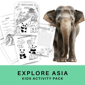 Puede incluir: Un paquete de actividades Explore Asia para niños con páginas para colorear, rompecabezas y juegos. Las páginas incluyen ilustraciones de pandas, elefantes y tigres. Un gran elefante está a la derecha del paquete de actividades. El texto "EXPLORE ASIA KIDS ACTIVITY PACK" está en la parte inferior.