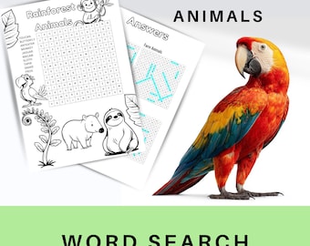 Regenwaldtiere Wortsuche - Findaword Arbeitsblatt für Kinder, Druckbare Geographie Aktivität, Montessori spielen lernen, Spaß, Malseiten