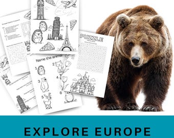 Planilha Explore a Europa para crianças, Atividade de Geografia para Imprimir, Aprendizagem Montessori de Brincadeira, Diversão, Páginas para Colorir