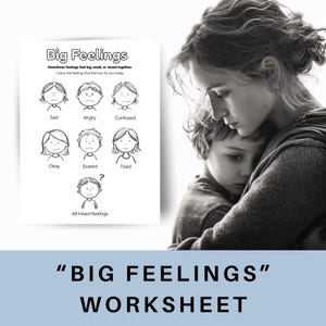 May include: Black and white worksheet titled "Big Feelings" with illustrations of different emotions. The worksheet includes the words "Sad", "Angry", "Confused", "Okay", "Scared", and "Tired". The bottom of the image reads "Big Feelings Worksheet".