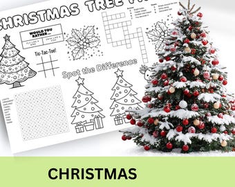 Kids Christmas Tree activities mat, holidays, games, placemat, coloring, puzzles, festive, religious entertainment