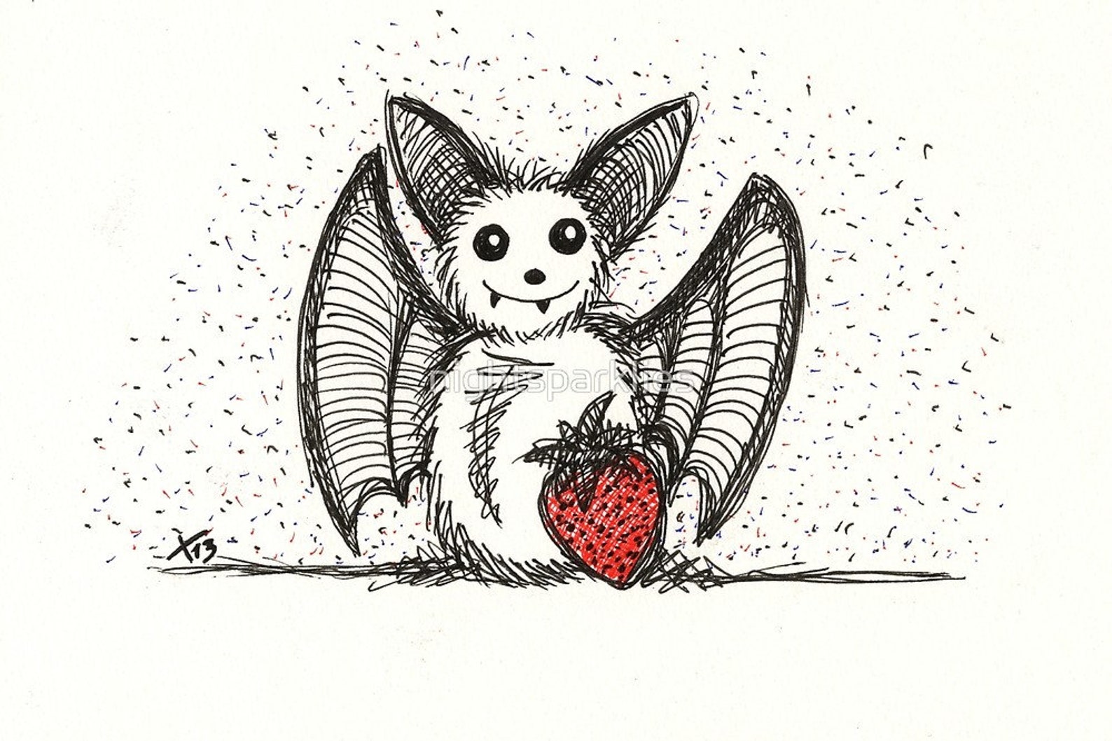 Strawberry Bat printed postcard 4x6 cute fantasy animal art Etsy