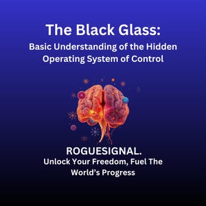 May include: A digital illustration on a dark blue background. The text reads "The Black Glass: Basic Understanding of the Hidden Operating System of Control." A stylized brain graphic is in the center. Below, the text reads "ROGUESIGNAL. Unlock Your Freedom, Fuel The World's Progress."