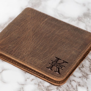 Cartera de cuero personalizada para hombre, de plena flor, regalo personalizado para papá, esposo, novio, aniversario o graduación.