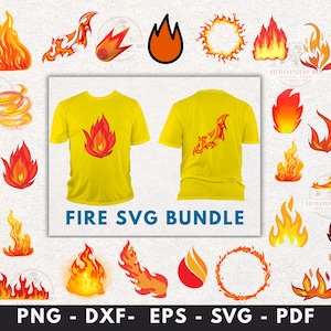 Könnte beinhalten: Digitales Grafikdesign mit verschiedenen Feuerillustrationen in Rot-, Orange- und Gelbtönen. Enthält eine gelbe T-Shirt-Attrappe mit einem Feuer-Grafik. Der Text lautet "FIRE SVG BUNDLE" und Dateitypoptionen.