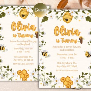 May include: Two invitations with a bee theme. The invitations have a cream background with floral and bee illustrations. The text reads "Olivia is Turning 1" with event details. The design includes a honeycomb and a beehive.