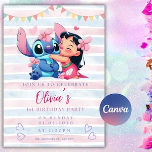 May include: A birthday party invitation featuring the characters Stitch and Lilo from the Disney movie Lilo & Stitch. The invitation has a pink and blue striped background with the text "Olivia's 1st Birthday Party".