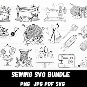 Puede incluir: Ilustraciones en blanco y negro de artículos de costura. La imagen incluye máquinas de coser, tijeras, carretes de hilo, lana y un maniquí de costura. El texto "SEWING SVG BUNDLE" se muestra en la parte inferior.