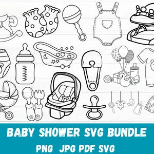 May include: Black and white line art illustrations of baby-related items, including a rocking horse, baby bottles, a stroller, and a baby walker. The text "BABY SHOWER SVG BUNDLE" is at the bottom.