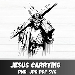 以下が含まれることがあります： イエスが十字架を背負っている白黒イラスト。イエスは茨の冠をかぶり、木の十字架を肩に担いでいます。テキスト「JESUS CARRYING」が下部にあり、ファイルタイプのオプションも表示されています。