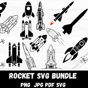 May include: A collection of black and white rocket ship designs, including various styles of rockets, space shuttles, and missiles. The text "ROCKET SVG BUNDLE" is displayed below the images, along with file type indicators.
