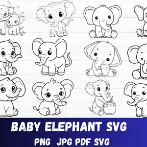 Bundle bébé éléphant SVG jolie fille éléphant coupe file éléphant contour bébé douche fille chemise body Kawaii Animal Silhouette Cricut