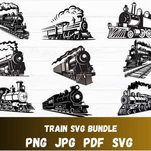 May include: A collection of black and white train illustrations. The images depict various steam locomotives, some with smoke billowing from their stacks, and are set on tracks. The text "TRAIN SVG BUNDLE" is displayed below, along with file type options.