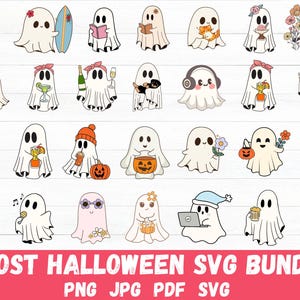 Cute Ghost Halloween Svg Bundle - Retro Ghost Png - Floral Ghost Png - Dog Ghost Svg - Ghost Reading Svg - Spooky Season - Halloween Png