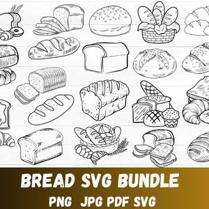 Może przedstawiać: Czarno-białe ilustracje różnych rodzajów pieczywa, w tym bochenków, bagietek, rogalików i chleba krojonego. Tekst "BREAD SVG BUNDLE" jest wyświetlany na dole wraz ze wskaźnikami typu pliku.