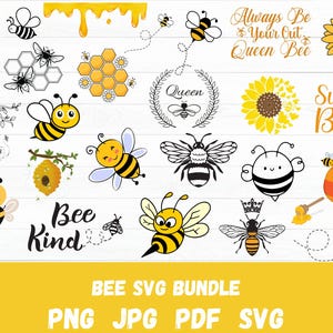 Może przedstawiać: Zestaw grafik z motywem pszczół, zawierający kreskówkowe pszczoły, plastry miodu, słoneczniki i teksty takie jak "Bee Kind" i "Sweet as can Bee". Obraz zawiera również tekst "BEE SVG BUNDLE".