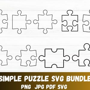 Puede incluir: Contornos negros de piezas de rompecabezas sobre un fondo de madera blanca. La imagen muestra diferentes formas de piezas de rompecabezas. El texto "SIMPLE PUZZLE SVG BUNDLE" y los tipos de archivo se muestran en la parte inferior.