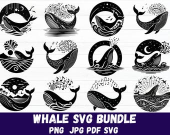 Paquete de SVG de ballena, silueta de ballena, clipart de ballena, contornos de ballena, calcomanía de ballena, archivo de corte vectorial de ballena