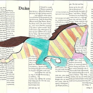 May include: A colourful drawing of a horse with a striped pattern in yellow, orange, and pink. The horse's mane is brown, and its body is outlined in black. The drawing is on a page of a book with text about Duke.